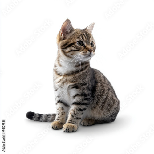 A cute tabby kitten sitting and looking to the side, isolated on a white background.