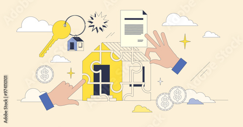 Fractional real estate and shared ownership neubrutalism hands collection set. Investor buy part of house property to share risks and profit together vector illustration. Home purchase documentation.