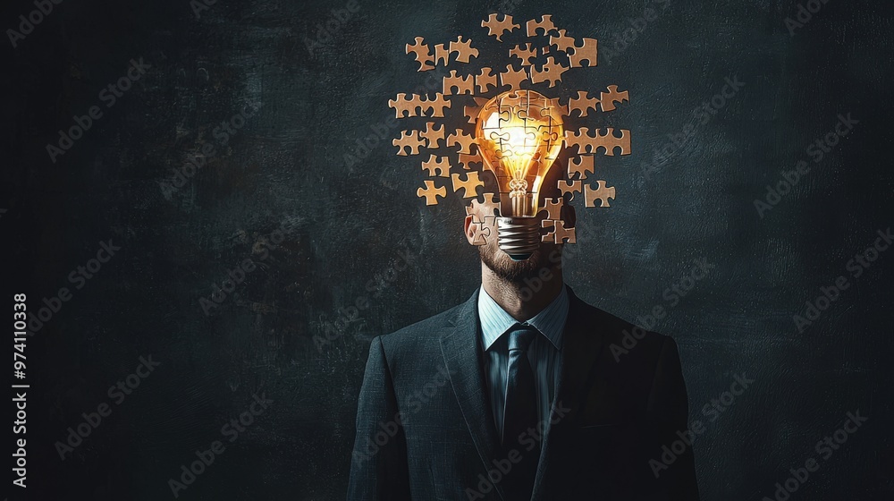 Lightbulb made of puzzle pieces floating above a businessman's head, innovation, creative thinking in business Lightbulb made of puzzle pieces floating above a businessman's head, innovation, creative thinking in business