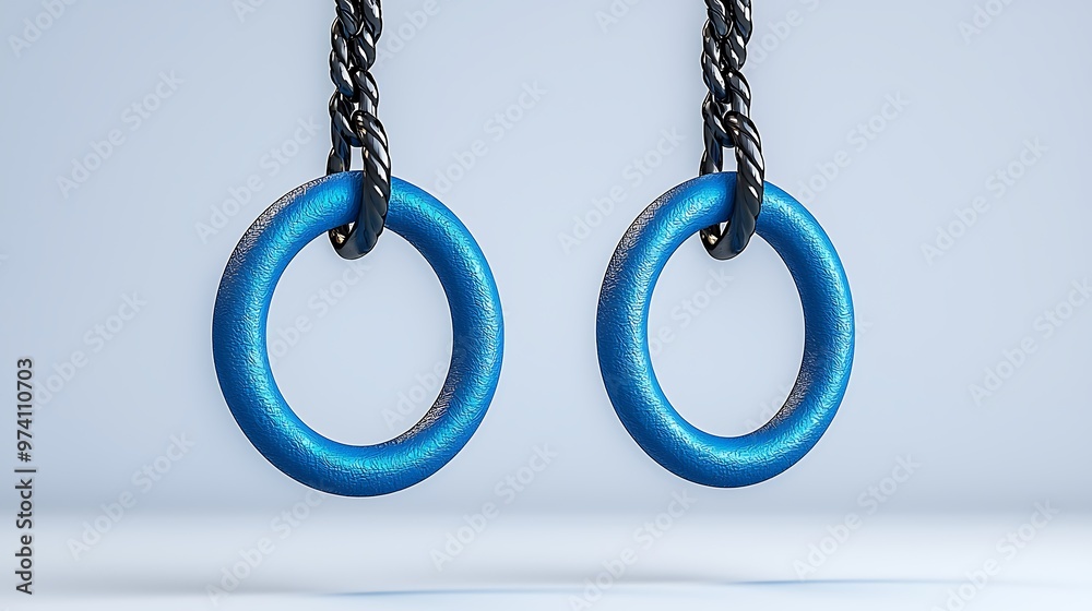 Blue gymnastic rings with black chains stand out against a white background, combining strength with sleek design. Blue gymnastic rings with black chains stand out against a white background, combining strength with sleek design.