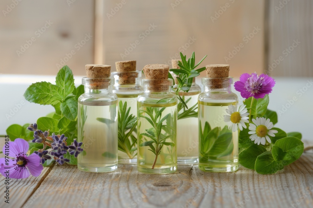 Five glass bottles with cork tops containing essential oil, surrounded by sprigs of fresh herbs, lavender, and daisies, are arranged on a rustic wooden table. Five glass bottles with cork tops containing essential oil, surrounded by sprigs of fresh herbs, lavender, and daisies, are arranged on a rustic wooden table.