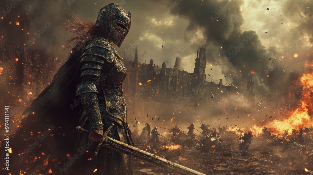 Female warrior wearing full armor standing on the battlefield Female warrior wearing full armor standing on the battlefield