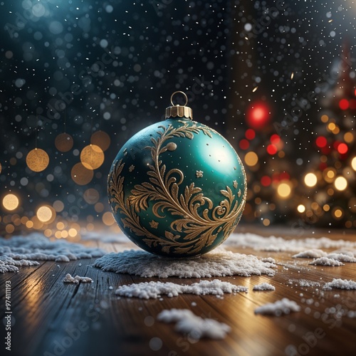 Green Christmas tree ball in the snow