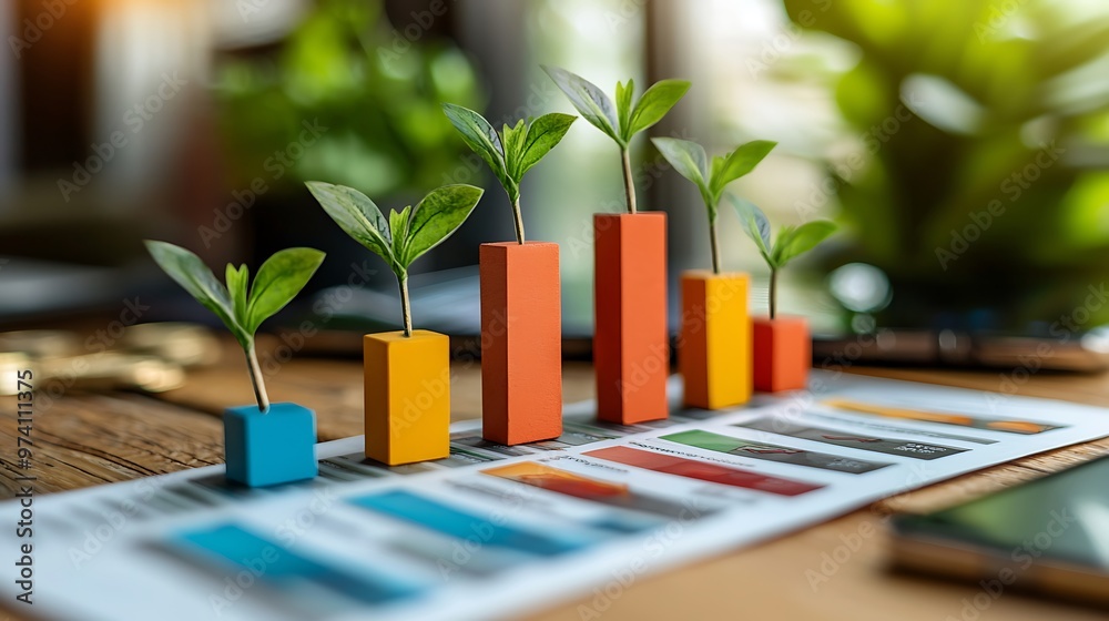 Green shoots sprout from a bar graph, symbolizing business growth, financial success, and investment potential. Green shoots sprout from a bar graph, symbolizing business growth, financial success, and investment potential.