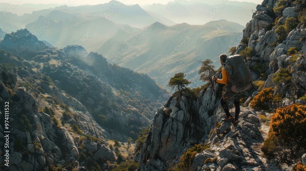 Obraz premium Adventurer Hiking in Misty Mountains with Earth and Forest Tones