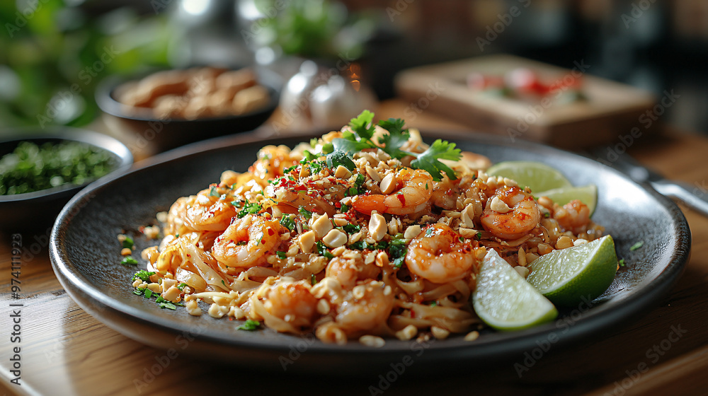 Delicious Pad Thai With Shrimp and Fresh Lime Garnish Delicious Pad Thai With Shrimp and Fresh Lime Garnish