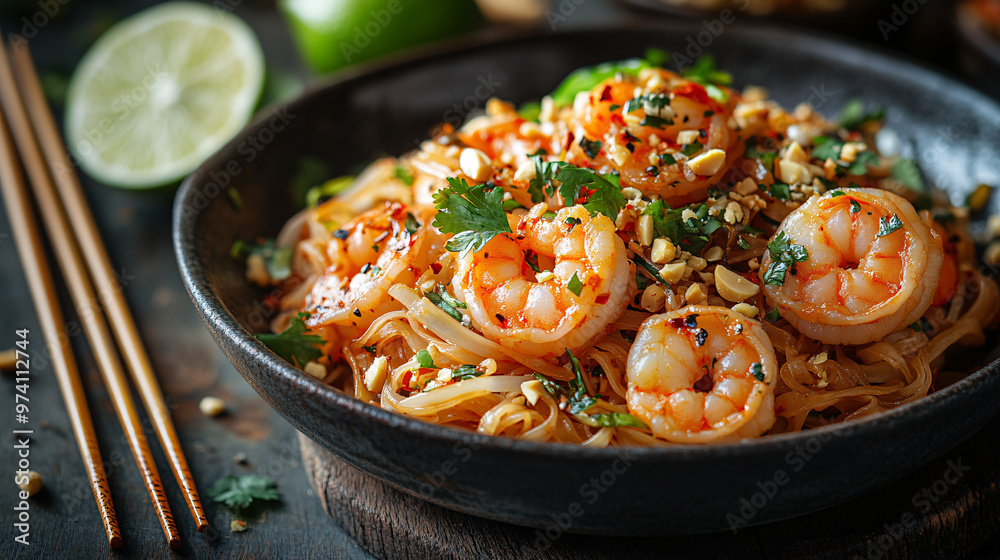 Authentic Thai Shrimp Pad Thai with Fresh Lime and Garnish Authentic Thai Shrimp Pad Thai with Fresh Lime and Garnish