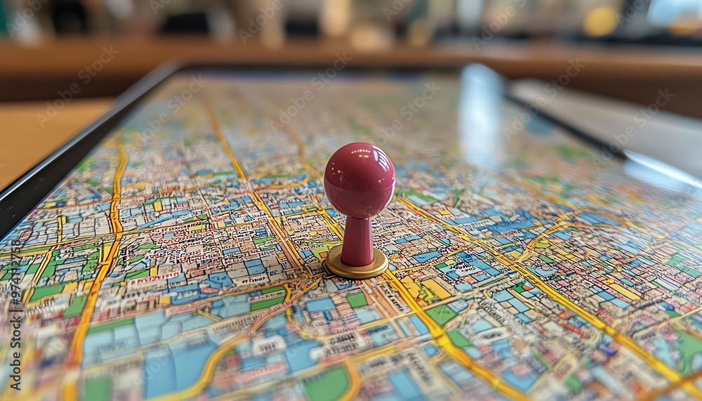 Finger pointing at a voting location on a digital map on a smartphone screen, find your polling place, election day navigation