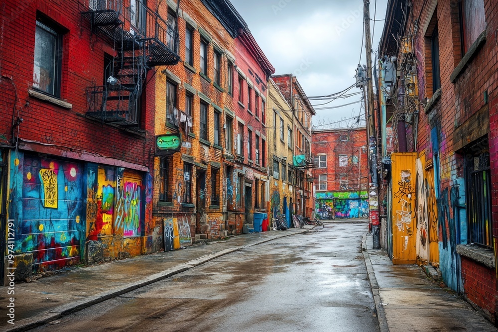 Fototapeta premium Vibrant Urban Alley with Colorful Graffiti and Buildings