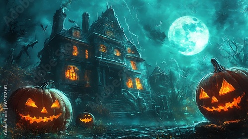 Spooky Halloween Night with Haunted House, Pumpkins, and Bats