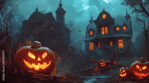 Spooky Halloween Night with Haunted House, Pumpkins, and Bats