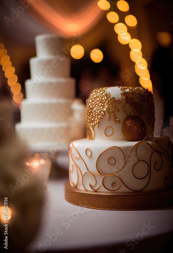 Wedding cake decorated with a beautiful decor of cream. photo