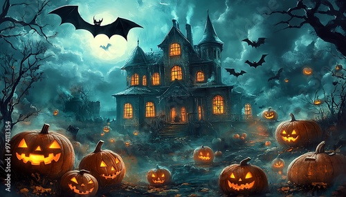 Spooky Halloween Night with Haunted House, Pumpkins, and Bats