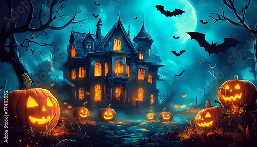 Spooky Halloween Night with Haunted House, Pumpkins, and Bats