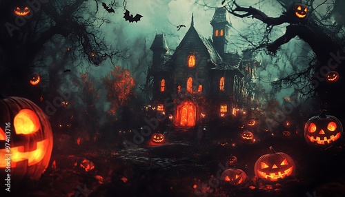 Spooky Halloween Night with Haunted House, Pumpkins, and Bats