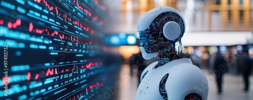 Artificial intelligence circuits overlaying a traditional stock market floor, AI in traditional finance, robotic takeover of manual trading photo