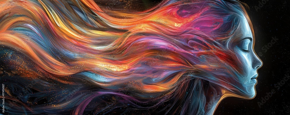 Abstract head filled with colorful swirling lines, representing business ideas and innovation, creative thinking, concept development Abstract head filled with colorful swirling lines, representing business ideas and innovation, creative thinking, concept development