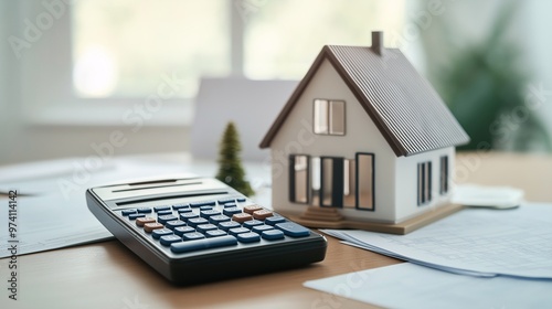 Wallpaper Mural Calculating the Dream: A miniature house rests beside a calculator and paperwork, symbolizing the financial planning involved in homeownership.  Torontodigital.ca
