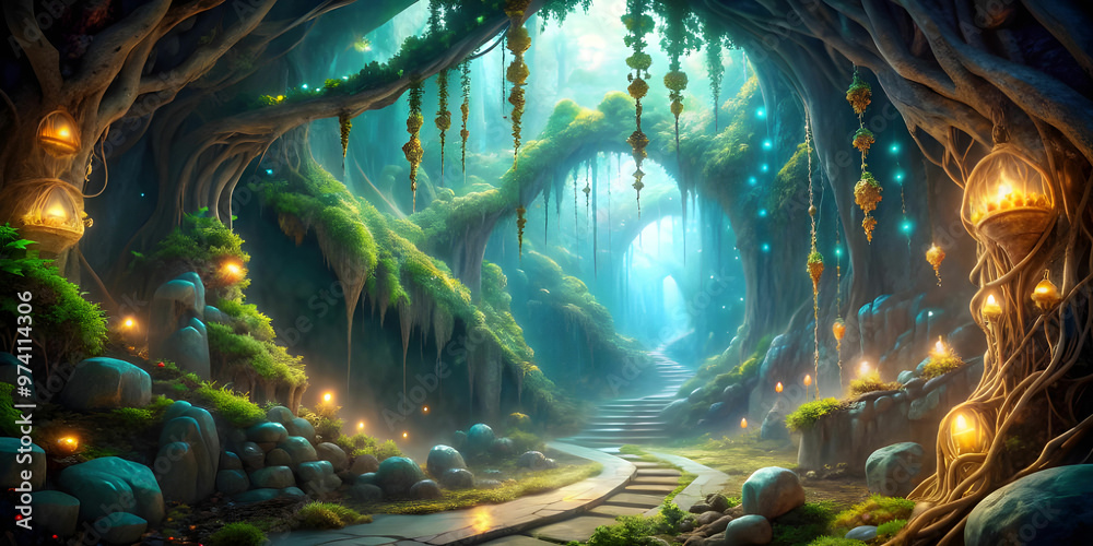 A winding, glowing vine leads to a mystical cave filled with shimmering crystals and ancient runes. A winding, glowing vine leads to a mystical cave filled with shimmering crystals and ancient runes.