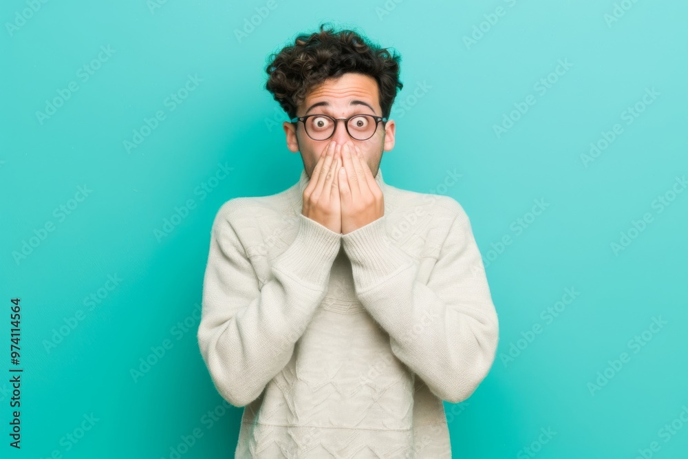 A young man with curly hair and glasses covers his mouth in shock, looking startled and surprised. A young man with curly hair and glasses covers his mouth in shock, looking startled and surprised.