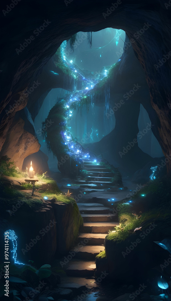 Obraz premium A winding, glowing vine leads to a mystical cave filled with shimmering crystals and ancient runes.