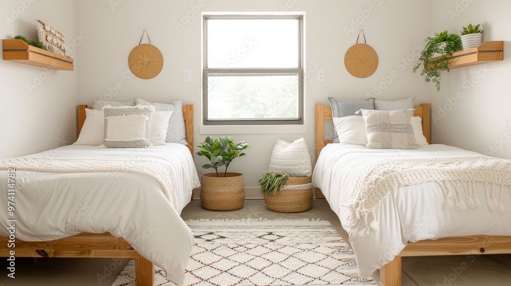 Fototapeta premium A cozy and stylish twin bedroom with wooden furniture, minimalist decor, plants, and natural light streaming through the window.