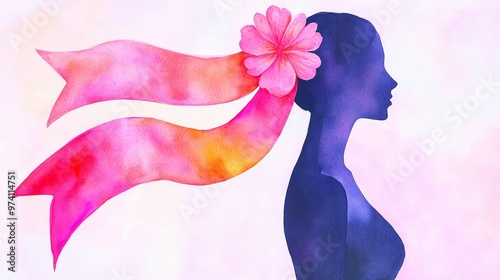 A vibrant watercolor illustration of a woman's silhouette with flowing ribbons and a flower, symbolizing beauty and grace. photo