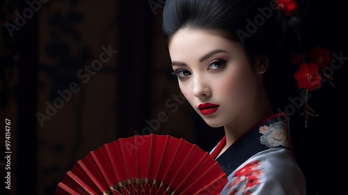 Photo of stunning adorable lady geisha dressed kimono sakura print. Neural network ai generated art