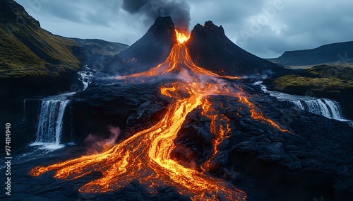 A fiery river of lava flows down a mountain, contrasting with the cool, cascading water of a nearby waterfall.