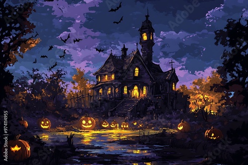Spooky Halloween Night with Haunted House, Pumpkins, and Bats