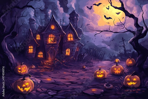 Spooky Halloween Night with Haunted House, Pumpkins, and Bats