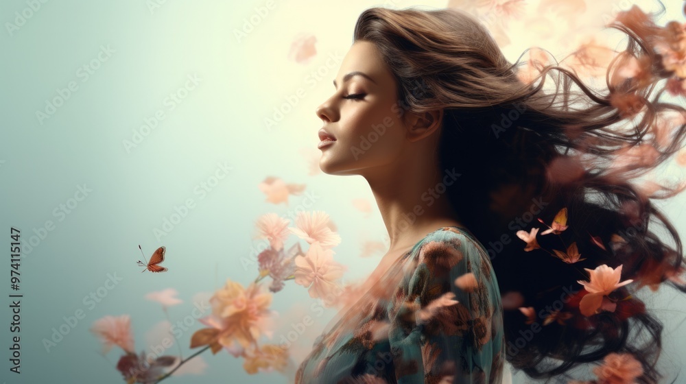 Young asian woman with many flowers from hair. Neural network ai generated art