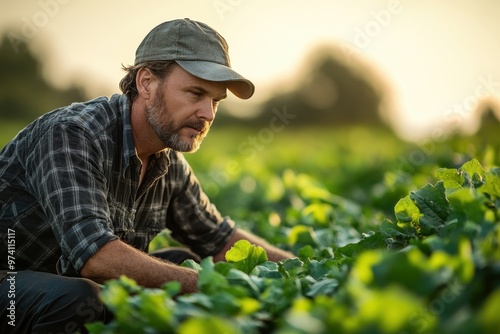 A dedicated farmer inspects healthy crops in a flourishing field during golden hour, showcasing the beauty of agriculture.