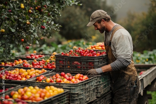 A farmer carefully sorts fresh apples in a scenic orchard, showcasing the beauty of harvest season and sustainable agriculture. photo