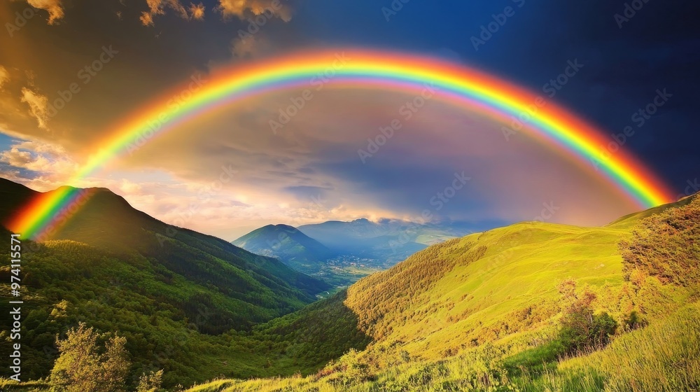 A vibrant rainbow arcs over lush green hills under a dramatic sky, showcasing the beauty of nature. A vibrant rainbow arcs over lush green hills under a dramatic sky, showcasing the beauty of nature.