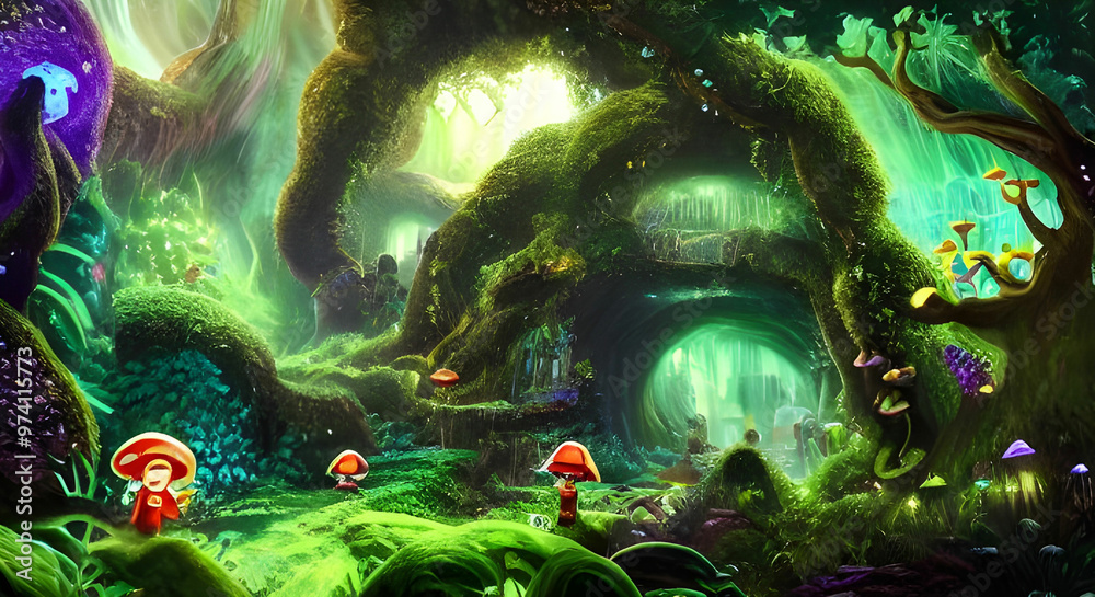 Fototapeta premium A winding, glowing vine leads to a mystical cave filled with shimmering crystals and ancient runes.