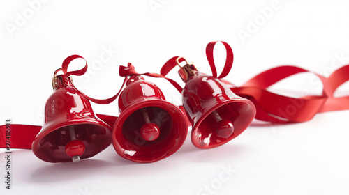 Red Christmas bells, Shiny red bells with ribbon photo