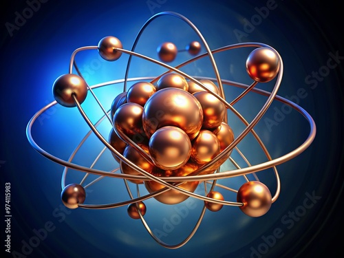 Copper atom illustration with protons, neutrons, and electrons orbiting the nucleus, highlighting atomic number 29 in a