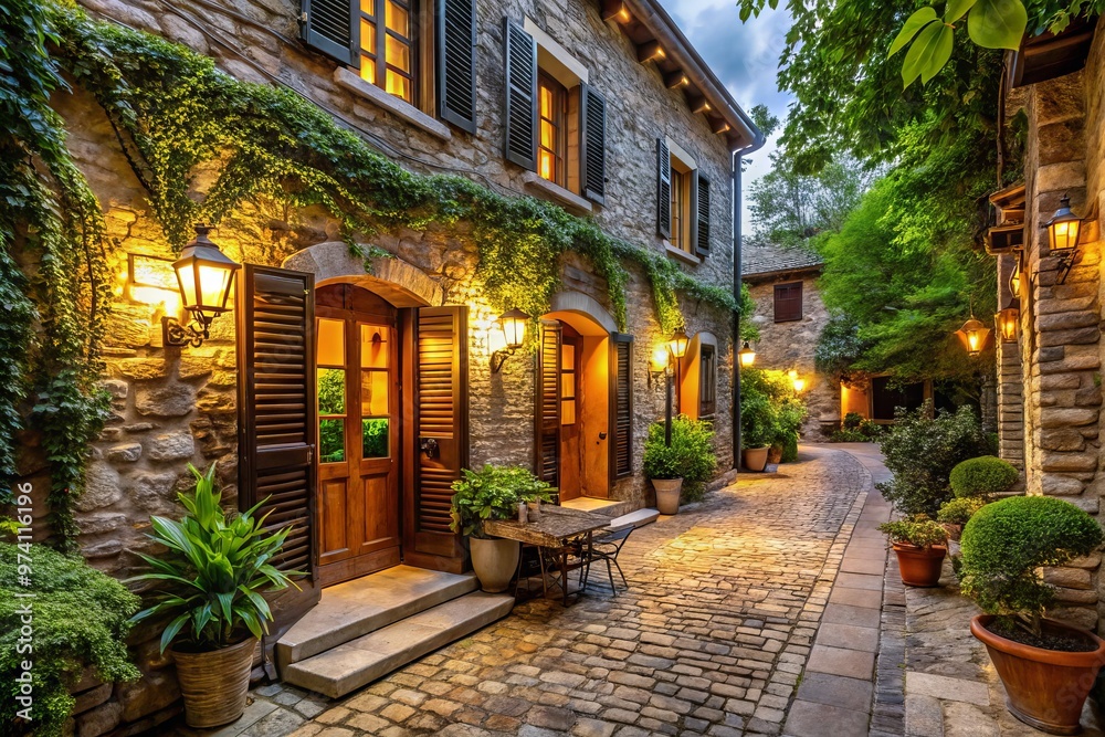 Fototapeta premium Cozy boutique hotel exterior with rustic stone facade, wooden shutters, and lantern-style lighting, surrounded by lush