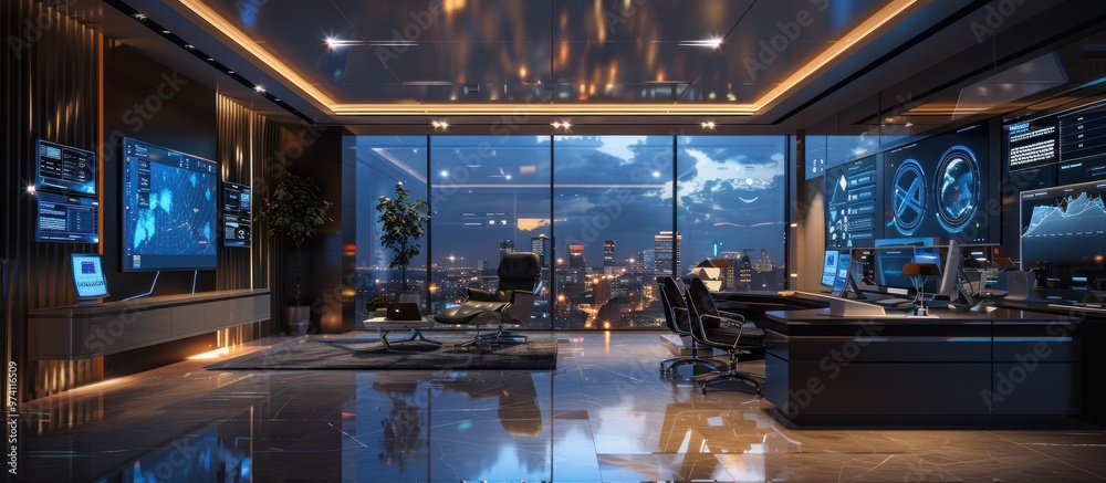 Sleek and sophisticated futuristic corporate office workspace with large glass windows overlooking a cityscape skyline at night featuring illuminated digital displays technology driven interfaces