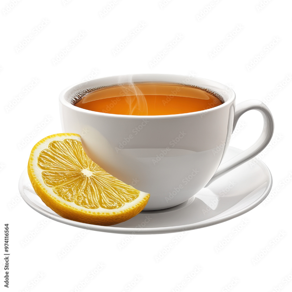 18. A hot cup of herbal tea with steam rising and a lemon slice on the saucer, isolated on a white background, showing warm, amber tones and detailed textures 18. A hot cup of herbal tea with steam rising and a lemon slice on the saucer, isolated on a white background, showing warm, amber tones and detailed textures