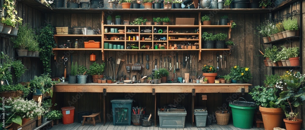 A vibrant garden workspace filled with tools, pots, and plants, perfect for cultivating creativity and gardening inspiration. A vibrant garden workspace filled with tools, pots, and plants, perfect for cultivating creativity and gardening inspiration.