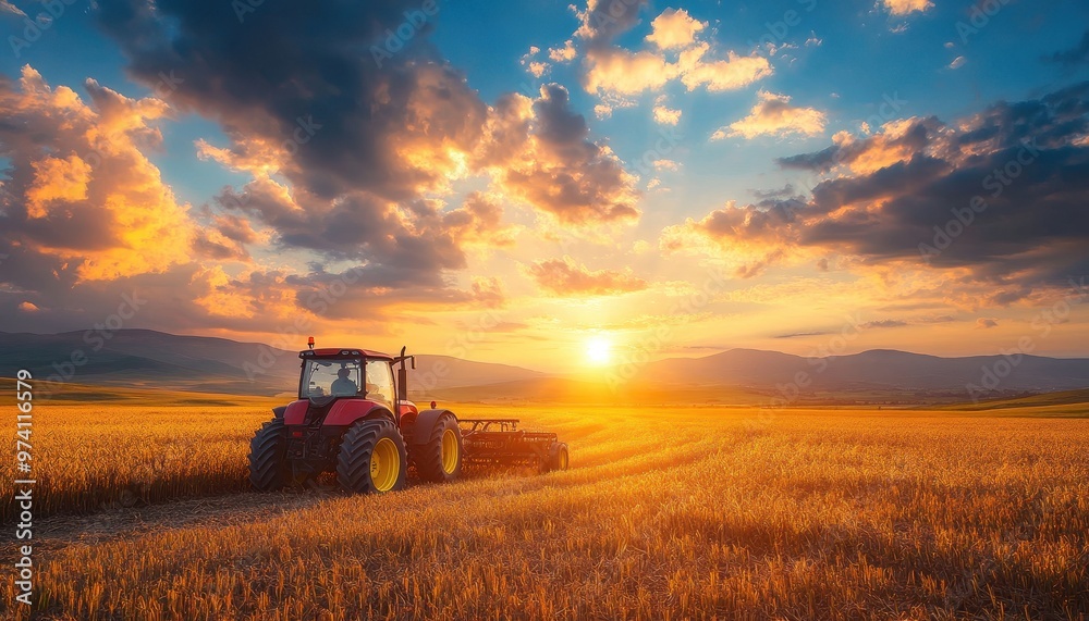 Fototapeta premium A vibrant sunset over a golden wheat field with a tractor cultivating the land, showcasing the beauty of agriculture.