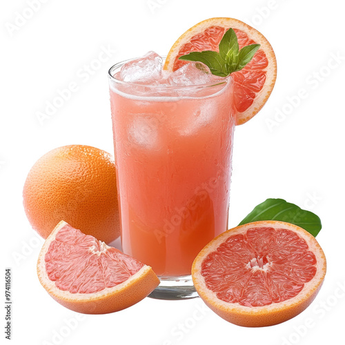 47. A glass of freshly squeezed grapefruit juice with visible pulp and ice cubes, isolated on a white background, showcasing vibrant pink tones and refreshing textures