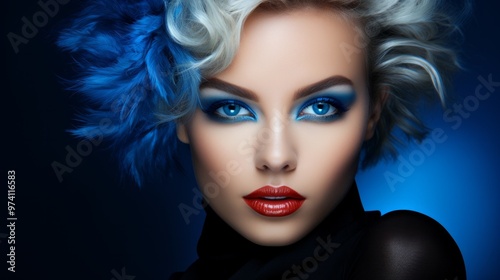 Close-up portrait of a beautiful woman with blue shimer evening makeup. Neural network ai generated art