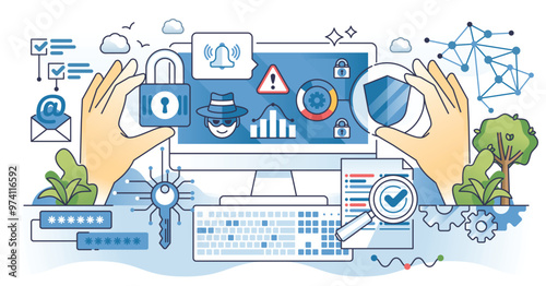 Cybersecurity dictionary and network security terms outline hands concept. Study online threats meaning to understand hacker attack types and possible computer vulnerability vector illustration.