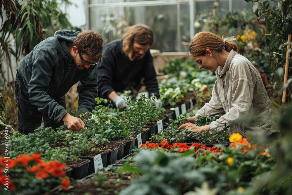 Three individuals tending to plants in a vibrant greenhouse, showcasing teamwork and passion for gardening and nature. Three individuals tending to plants in a vibrant greenhouse, showcasing teamwork and passion for gardening and nature.
