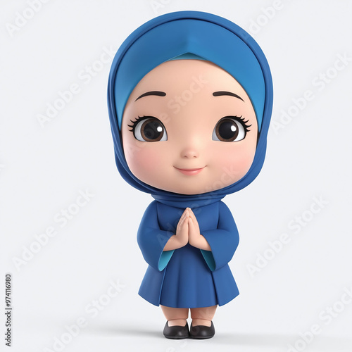 3D cute moslem girl character praying pose welcome pray, ramadhan forgiving salam hand sign, isolated in white background