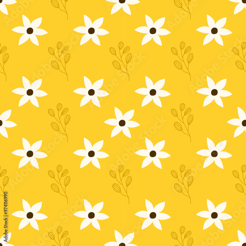 Seamless flower pattern vector. Cute floral hand drawn wallpaper on yellow background.