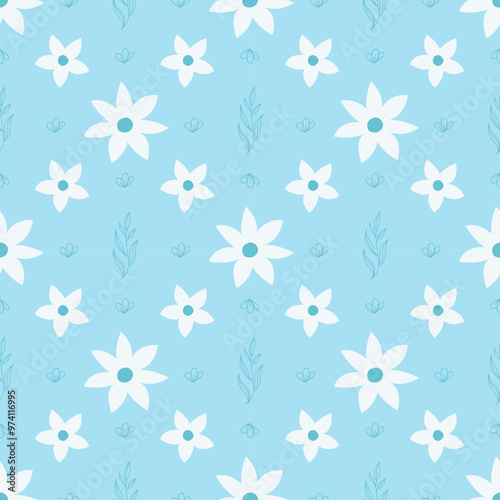 Cute seamless pattern with abstract flowers and leaves. Simple floral pattern vector background. Vector floral seamless wallpaper.